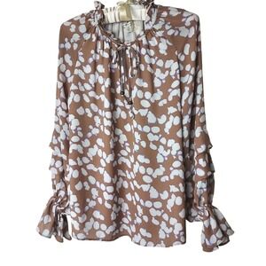 Versona Tan Purple Abstract Pebble Print Ruffle Sleeve High Neck Boho Blouse S